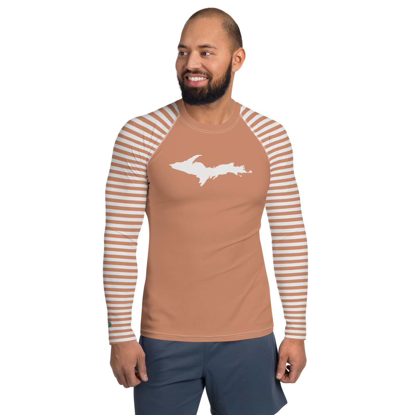 Michigan Upper Peninsula Rash Guard (Striped w/ UP Outline) | Men's - Copper Color