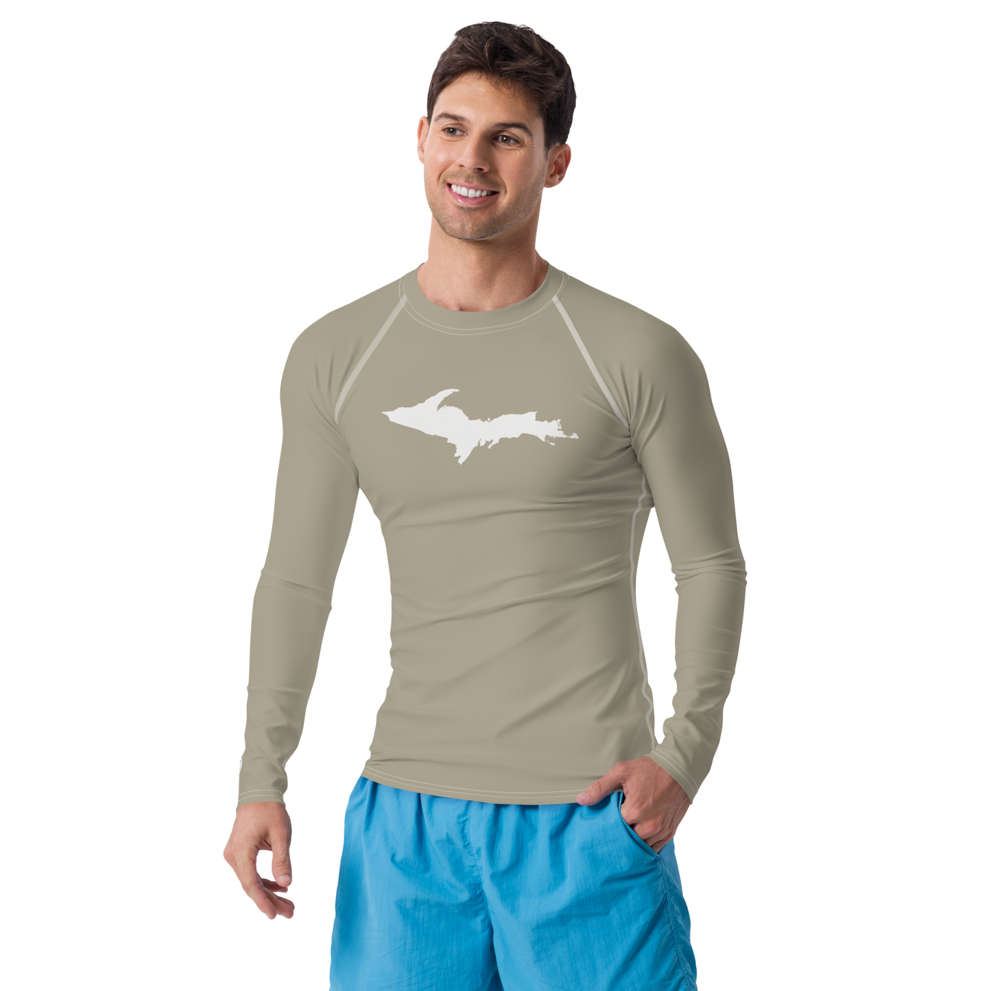 Michigan Upper Peninsula Rash Guard (w/ UP Outline) | Men's - Petoskey Stone Beige