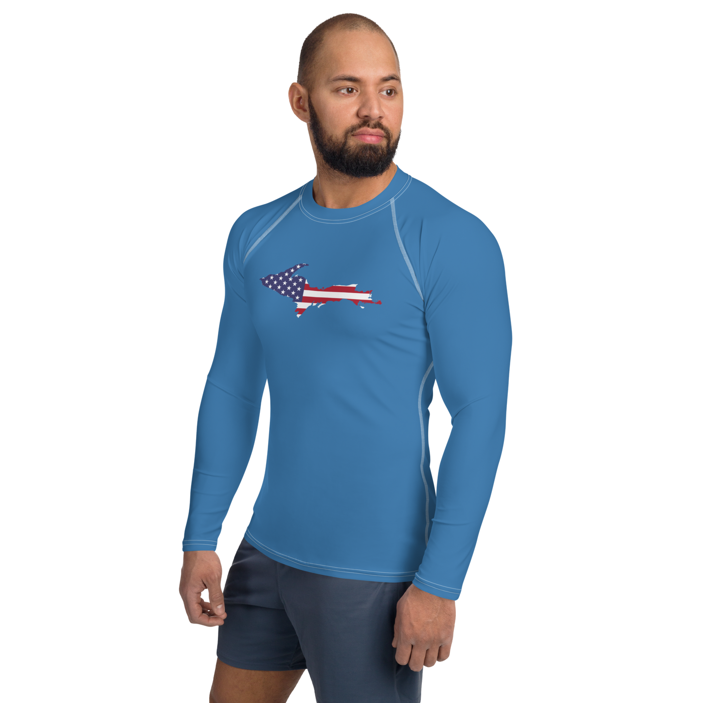 Michigan Upper Peninsula Rash Guard (w/ UP USA Flag) | Men's - Lake Superior Blue