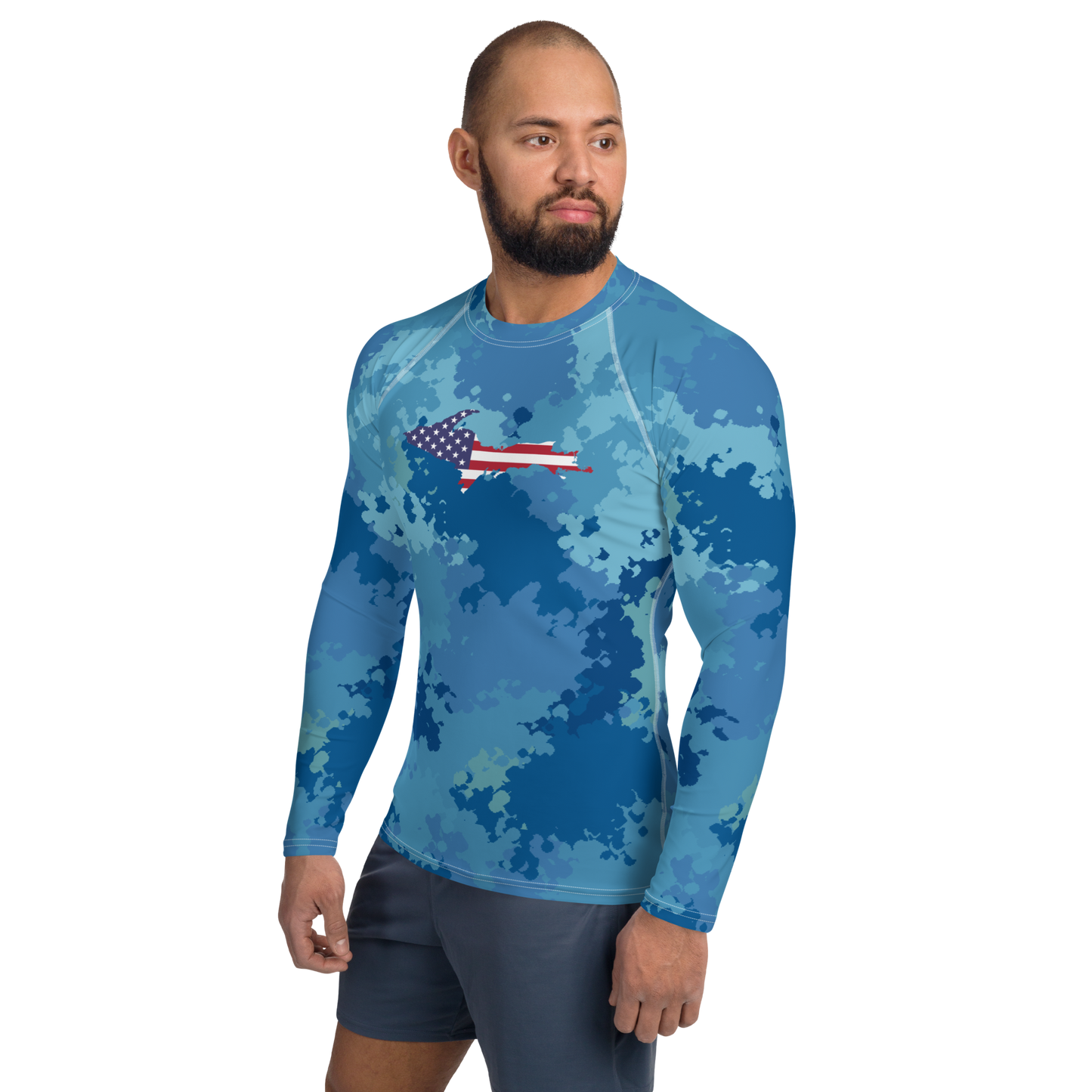 Michigan Upper Peninsula Rash Guard (w/ UP USA Flag) | Men's - Great Lakes Camo