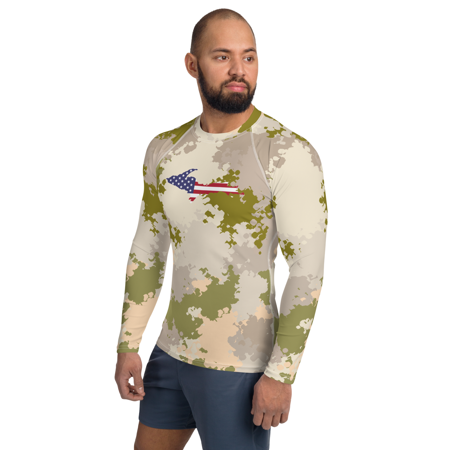 Michigan Upper Peninsula Rash Guard (w/ UP USA Flag) | Men's - Rosy Mound Camo