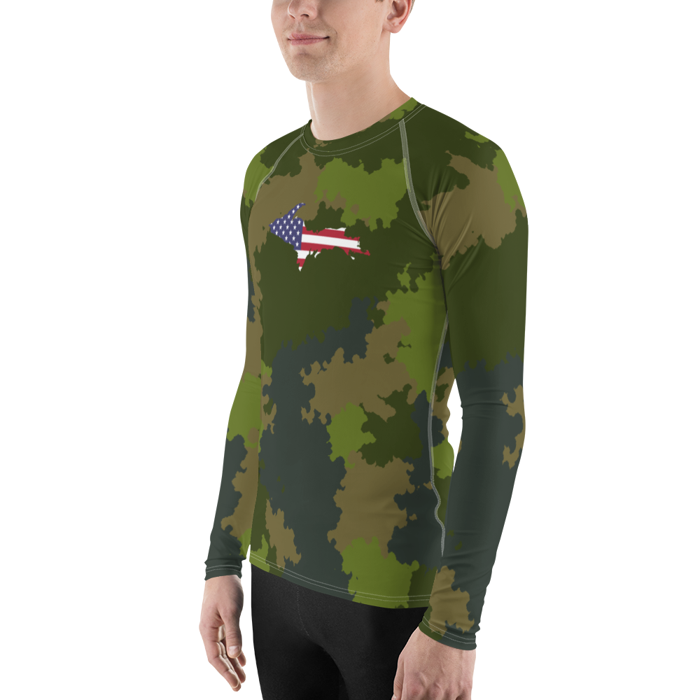 Michigan Upper Peninsula Rash Guard (w/ UP USA Flag) | Men's - Woodland Camo