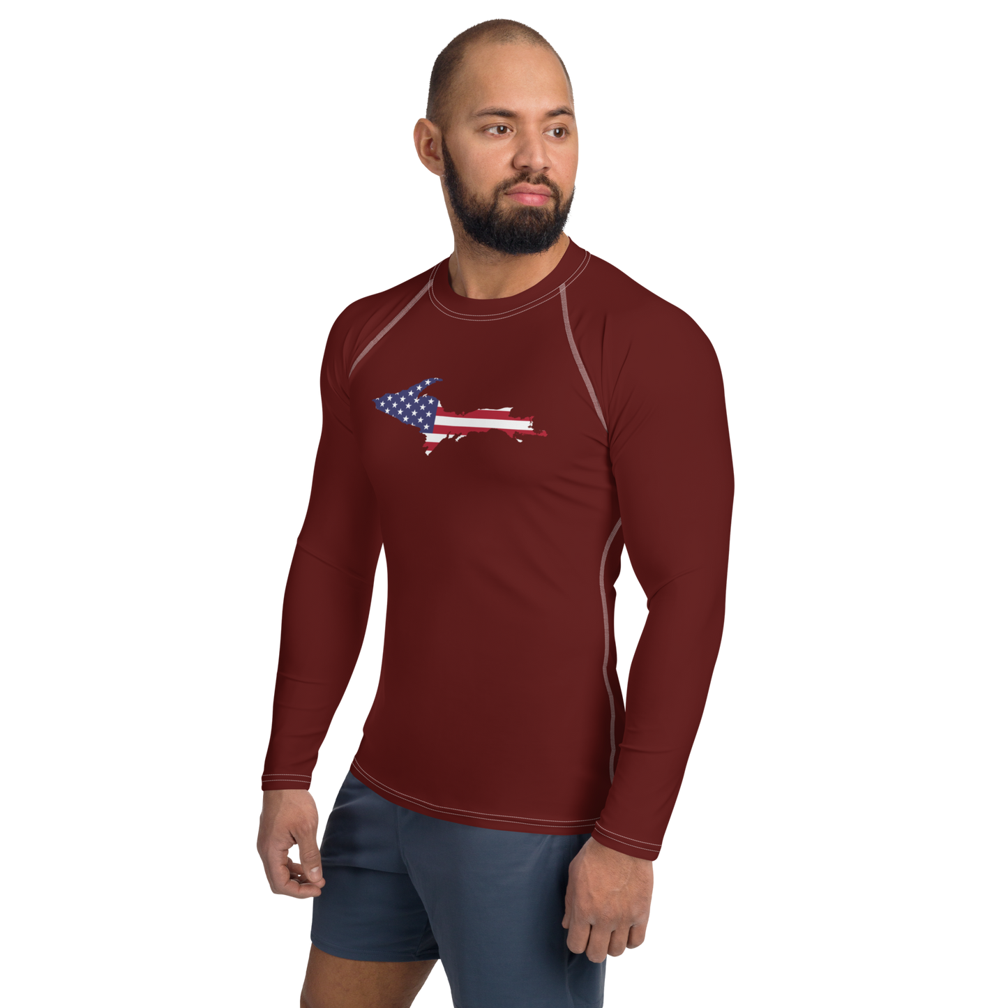 Michigan Upper Peninsula Rash Guard (w/ UP USA Flag) | Men's - Cherrywood Color