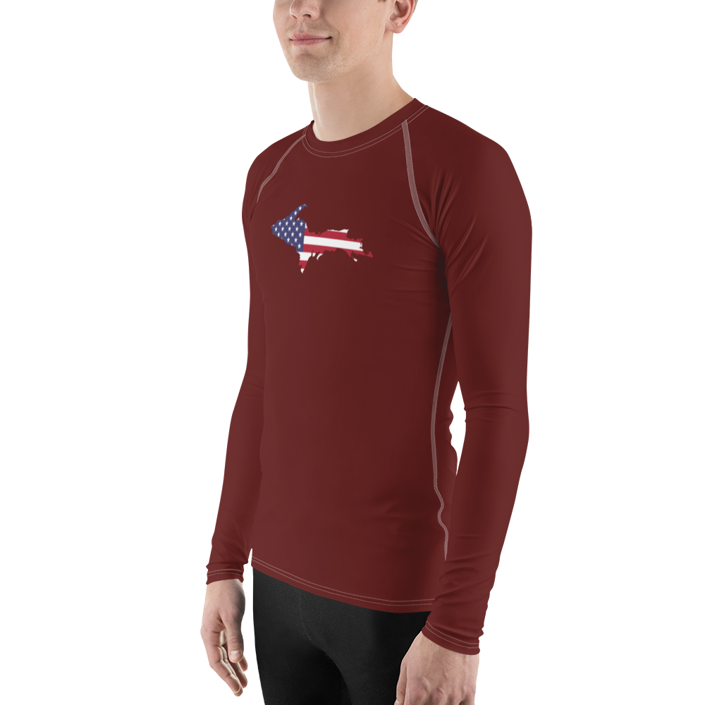 Michigan Upper Peninsula Rash Guard (w/ UP USA Flag) | Men's - Cherrywood Color