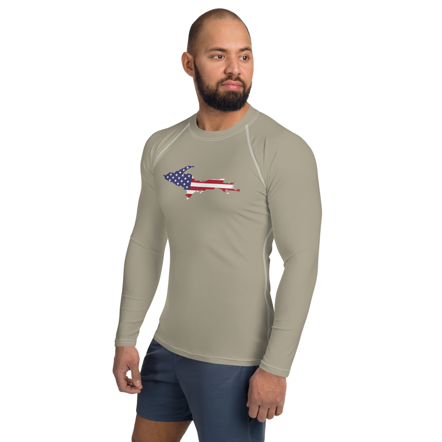 Michigan Upper Peninsula Rash Guard (w/ UP USA Flag) | Men's - Petoskey Stone Beige