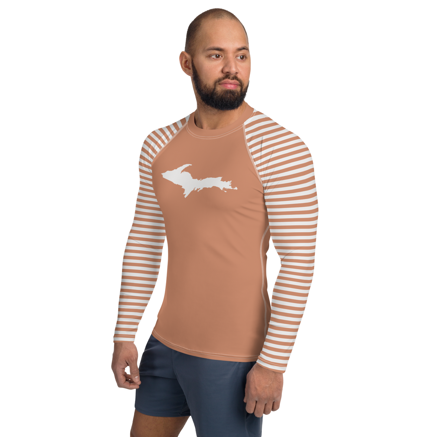 Michigan Upper Peninsula Rash Guard (Striped w/ UP Outline) | Men's - Copper Color