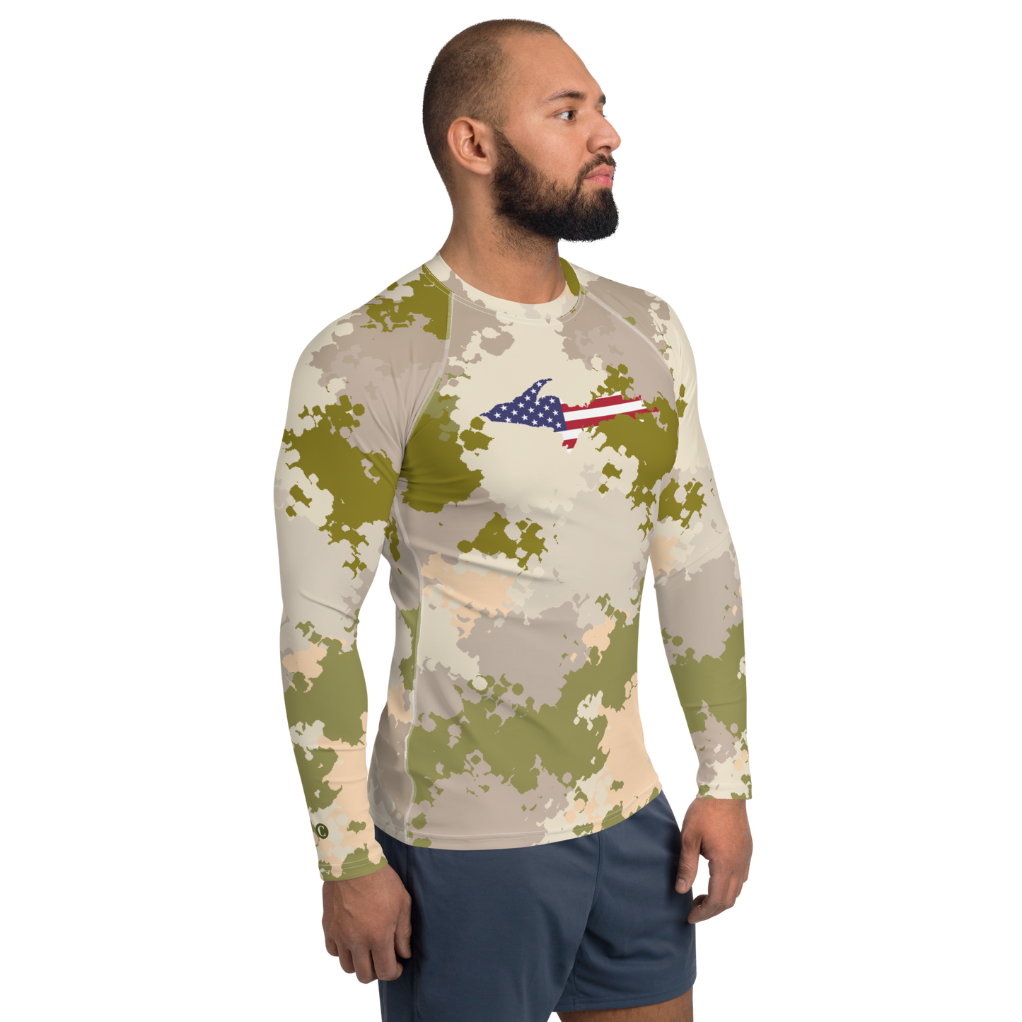 Michigan Upper Peninsula Rash Guard (w/ UP USA Flag) | Men's - Rosy Mound Camo