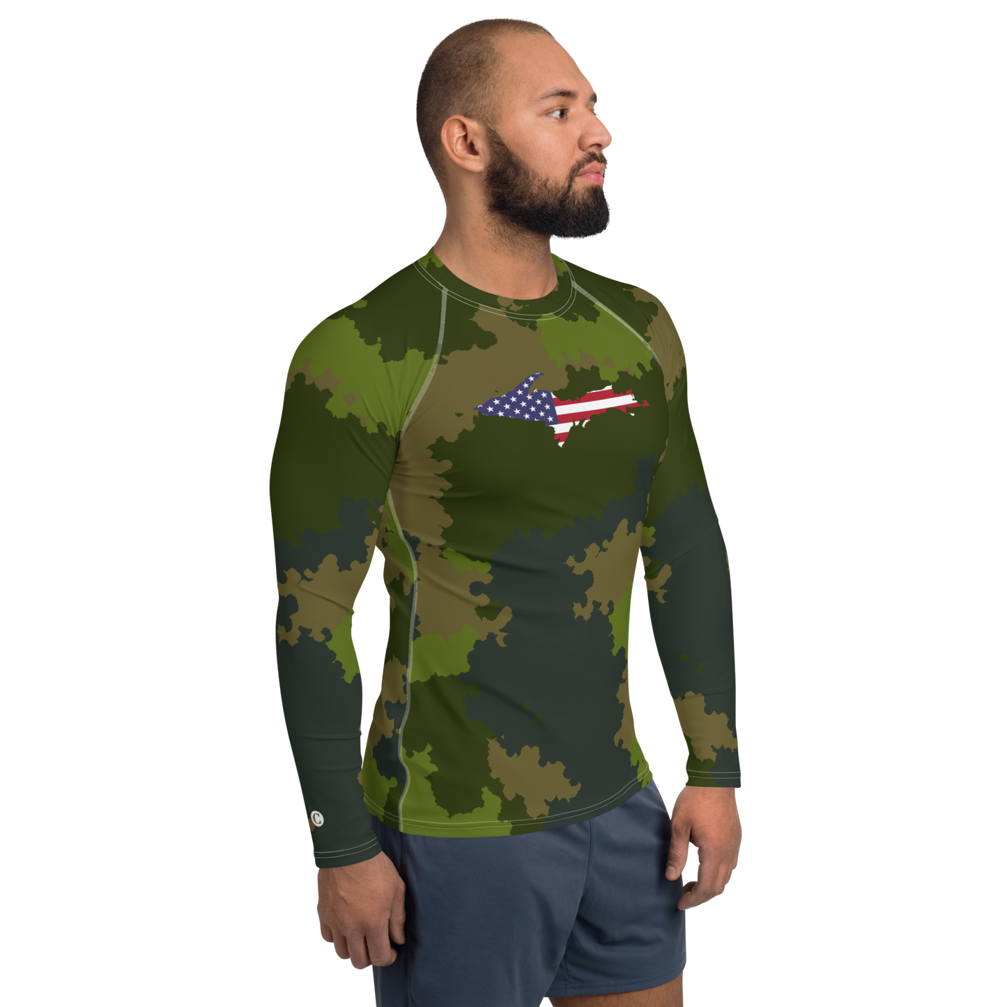 Michigan Upper Peninsula Rash Guard (w/ UP USA Flag) | Men's - Woodland Camo