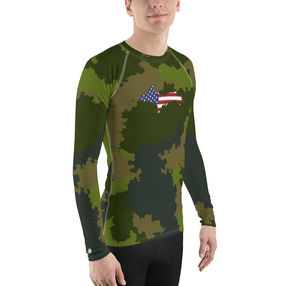 Michigan Upper Peninsula Rash Guard (w/ UP USA Flag) | Men's - Woodland Camo