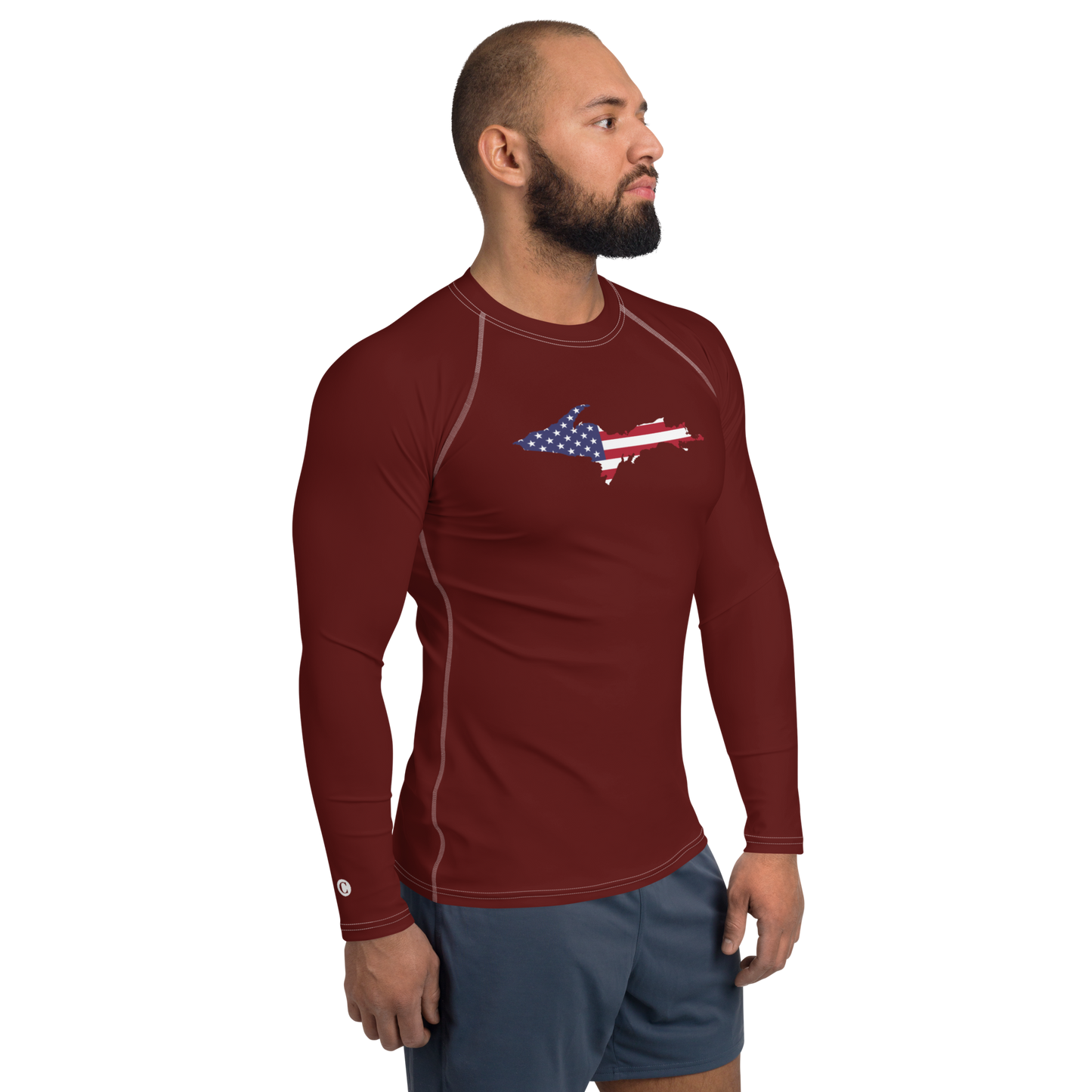 Michigan Upper Peninsula Rash Guard (w/ UP USA Flag) | Men's - Cherrywood Color