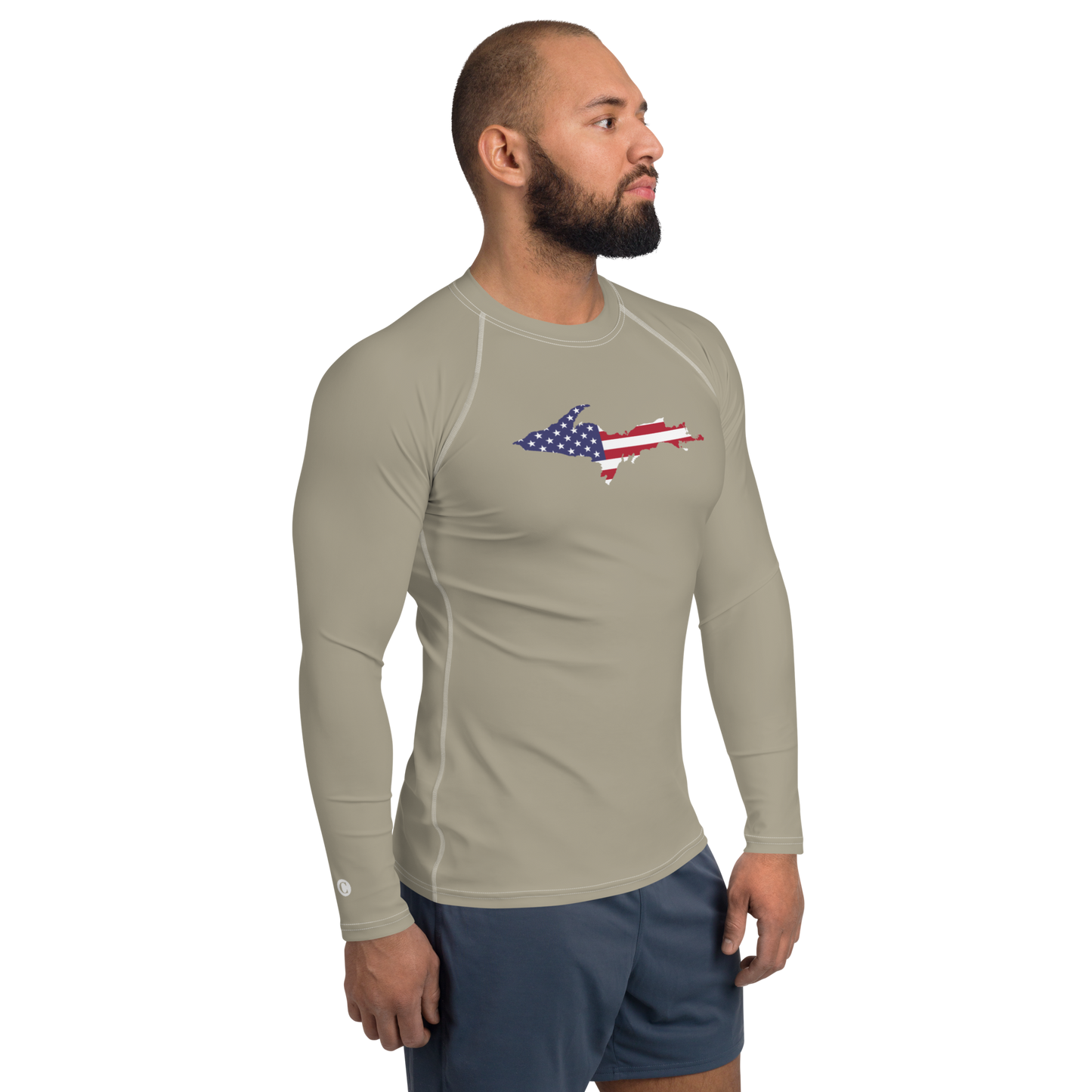 Michigan Upper Peninsula Rash Guard (w/ UP USA Flag) | Men's - Petoskey Stone Beige