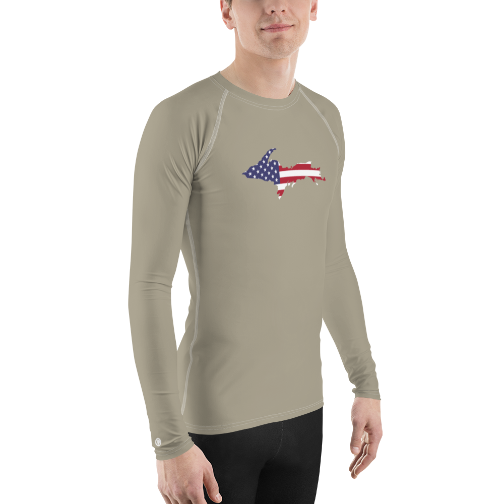 Michigan Upper Peninsula Rash Guard (w/ UP USA Flag) | Men's - Petoskey Stone Beige