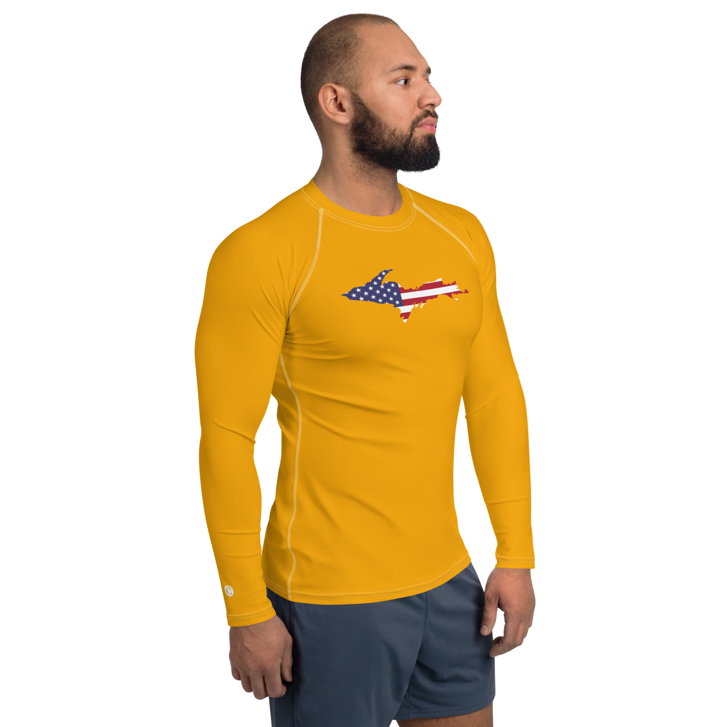 Michigan Upper Peninsula Rash Guard (w/ UP USA Flag) | Men's - Birch Leaf Orange