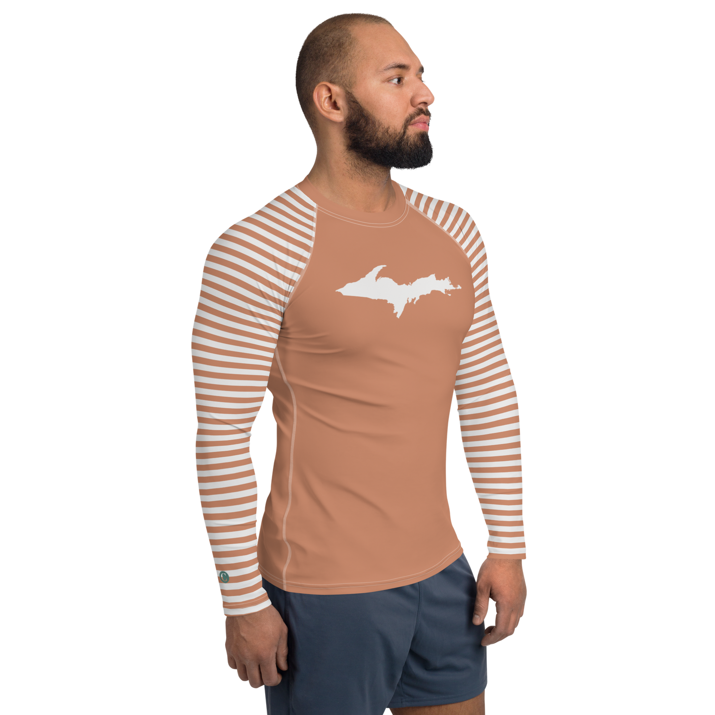 Michigan Upper Peninsula Rash Guard (Striped w/ UP Outline) | Men's - Copper Color