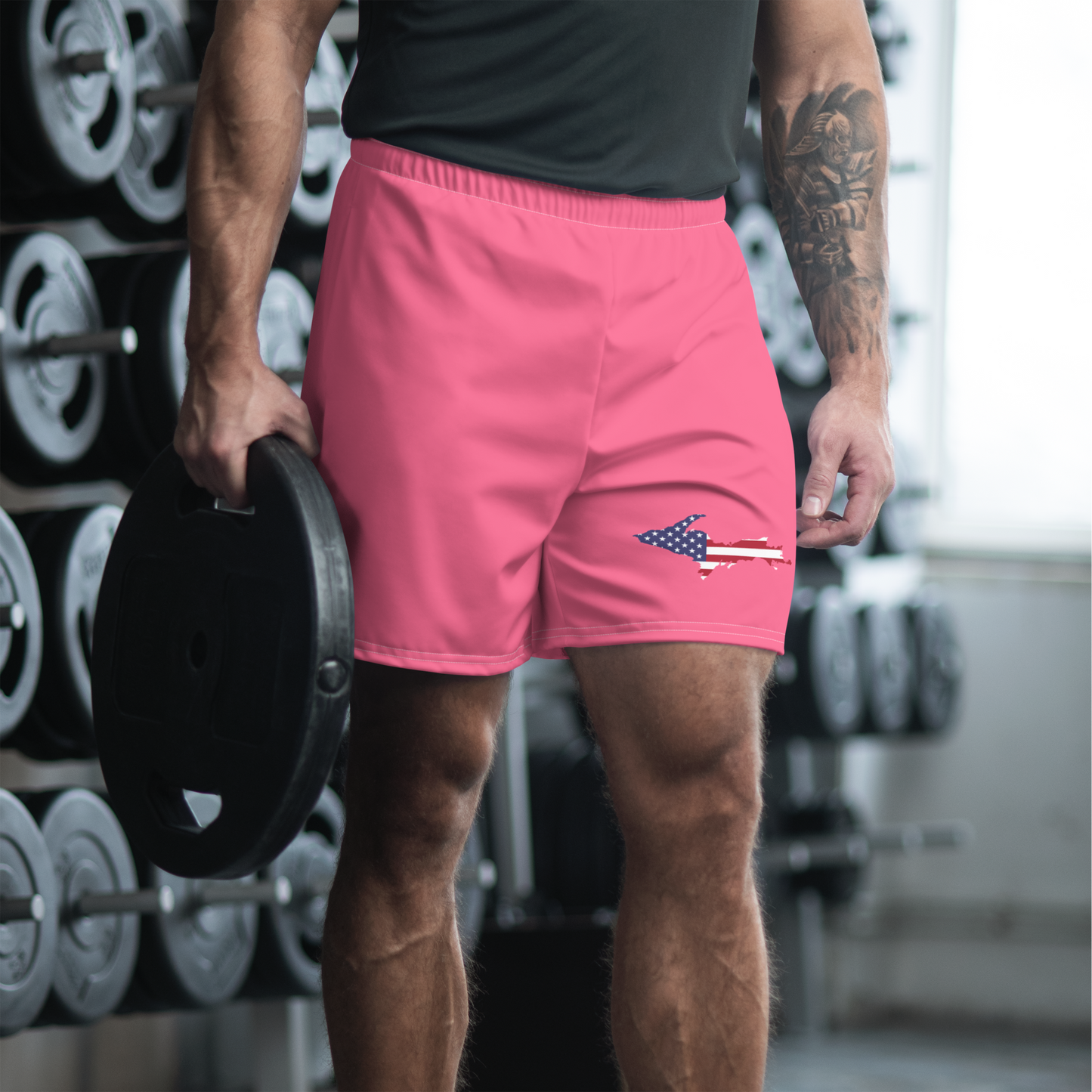 Michigan Upper Peninsula Athletic Shorts (w/ UP USA Flag) | Men's - Rhodochrosite Pink