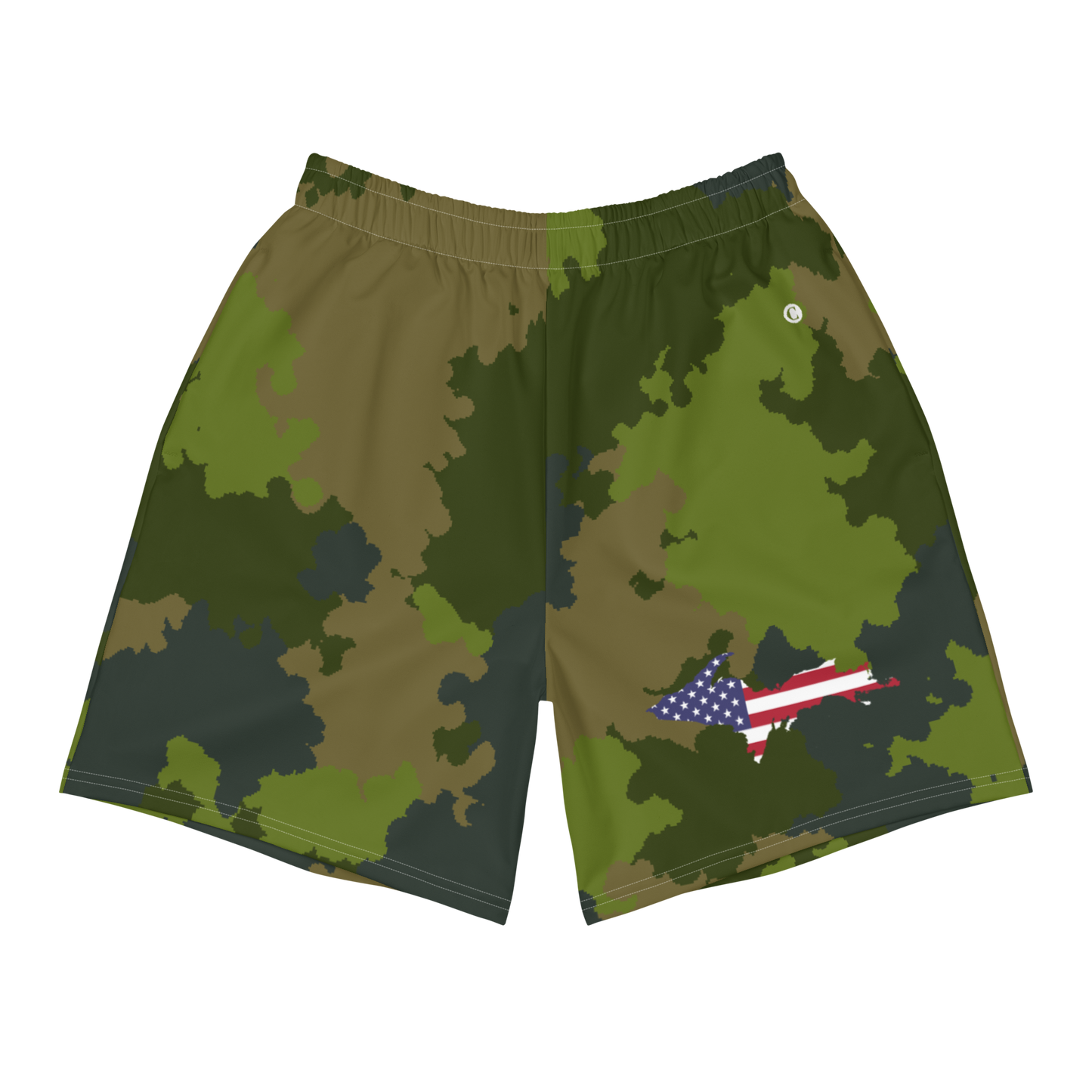 Michigan Upper Peninsula Athletic Shorts (w/ UP USA Flag) | Men's - Woodland Camo