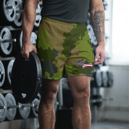 Michigan Upper Peninsula Athletic Shorts (w/ UP USA Flag) | Men's - Woodland Camo