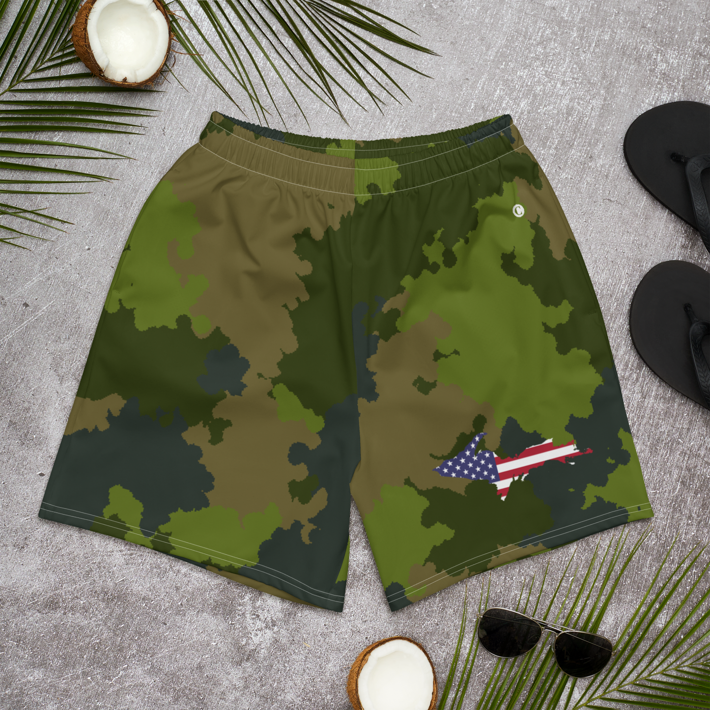 Michigan Upper Peninsula Athletic Shorts (w/ UP USA Flag) | Men's - Woodland Camo