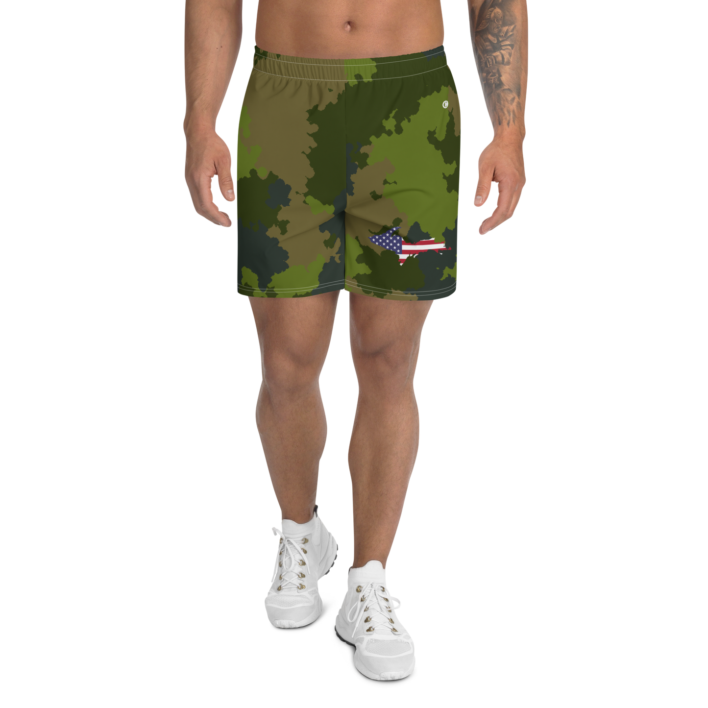 Michigan Upper Peninsula Athletic Shorts (w/ UP USA Flag) | Men's - Woodland Camo