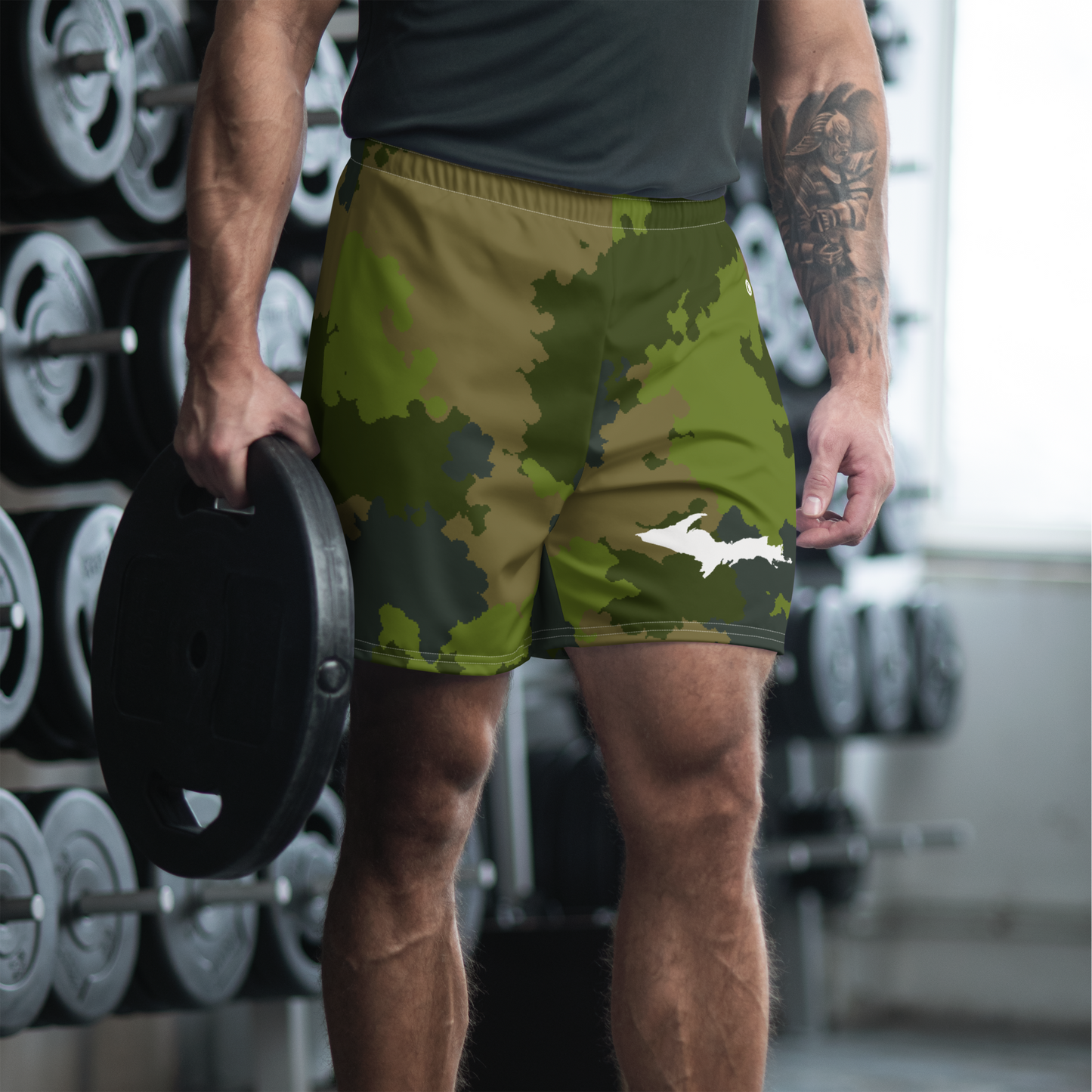 Michigan Upper Peninsula Athletic Shorts (w/ UP USA Flag) | Men's - Woodland Camo