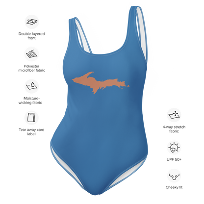 Michigan Upper Peninsula One-Piece Swimsuit (w/ Copper Outline) | Lake Superior Blue