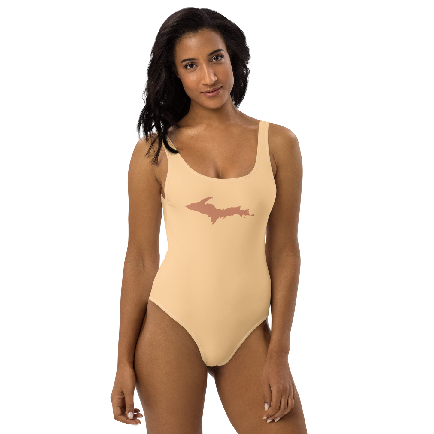 Michigan Upper Peninsula One-Piece Swimsuit (w/ Copper Outline) | Pale Apricot