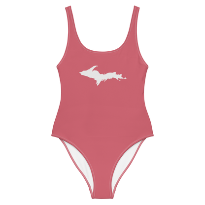 Michigan Upper Peninsula One-Piece Swimsuit (w/ UP Outline) | Watermelon Pink