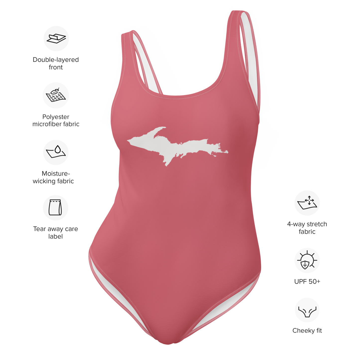 Michigan Upper Peninsula One-Piece Swimsuit (w/ UP Outline) | Watermelon Pink