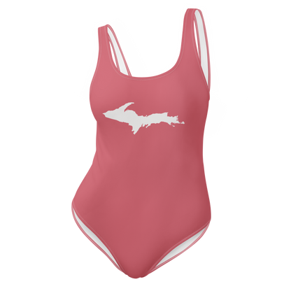 Michigan Upper Peninsula One-Piece Swimsuit (w/ UP Outline) | Watermelon Pink