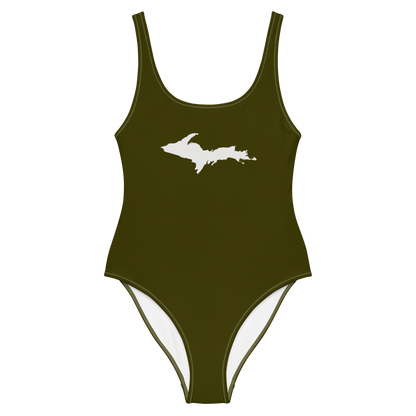 Michigan Upper Peninsula One-Piece Swimsuit (w/ UP Outline) | Military Green