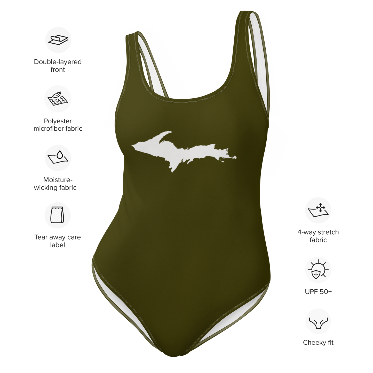 Michigan Upper Peninsula One-Piece Swimsuit (w/ UP Outline) | Military Green