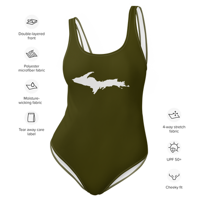 Michigan Upper Peninsula One-Piece Swimsuit (w/ UP Outline) | Military Green