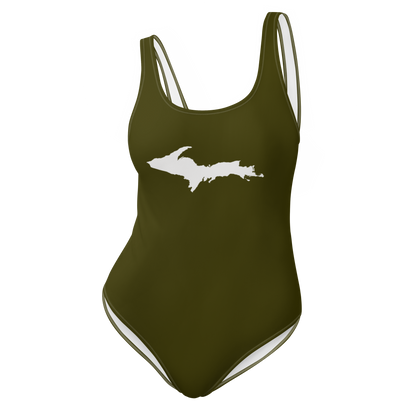 Michigan Upper Peninsula One-Piece Swimsuit (w/ UP Outline) | Military Green