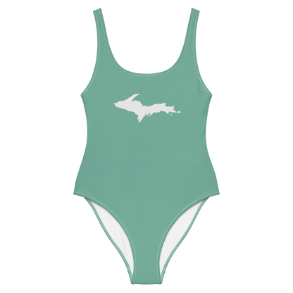 Michigan Upper Peninsula One-Piece Swimsuit (w/ UP Outline) | Metallic Mint Green