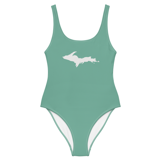 Michigan Upper Peninsula One-Piece Swimsuit (w/ UP Outline) | Metallic Mint Green