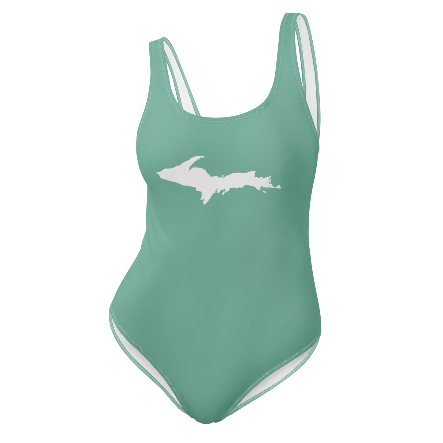 Michigan Upper Peninsula One-Piece Swimsuit (w/ UP Outline) | Metallic Mint Green