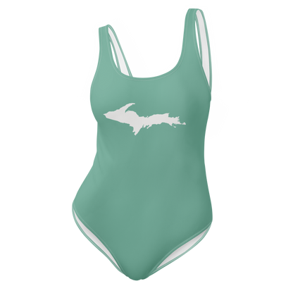 Michigan Upper Peninsula One-Piece Swimsuit (w/ UP Outline) | Metallic Mint Green