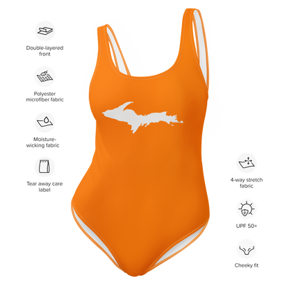 Michigan Upper Peninsula One-Piece Swimsuit (w/ UP Outline) | Safety Orange