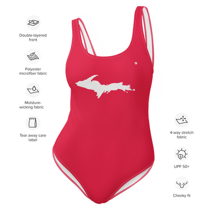 Michigan Upper Peninsula One-Piece Swimsuit (w/ UP Outline) | Lighthouse Red