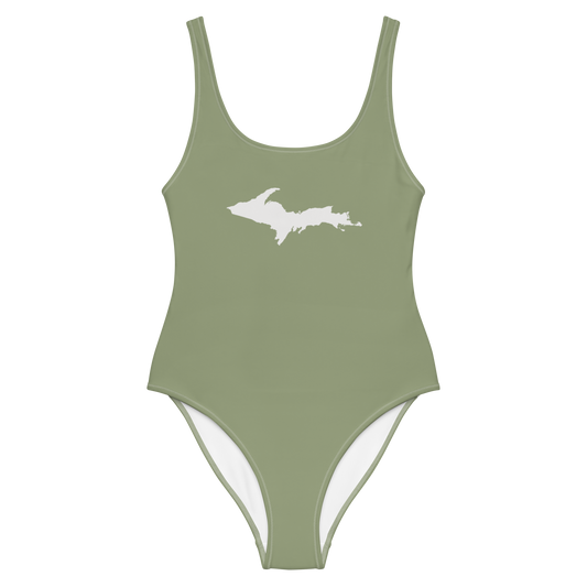 Michigan Upper Peninsula One-Piece Swimsuit (w/ UP Outline) | Beachgrass Green