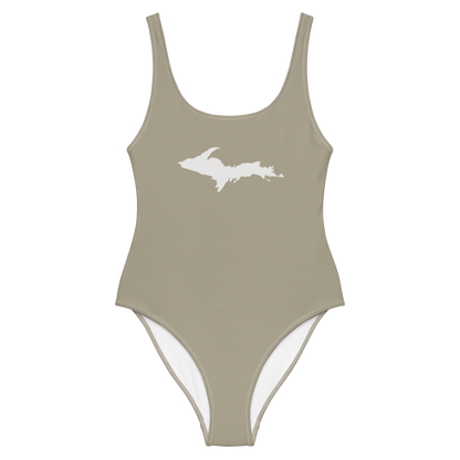 Michigan Upper Peninsula One-Piece Swimsuit (w/ UP Outline) | Petoskey Stone Beige