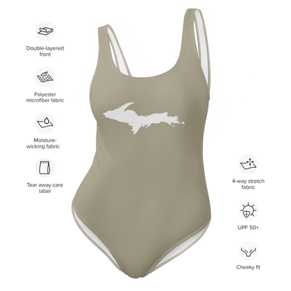 Michigan Upper Peninsula One-Piece Swimsuit (w/ UP Outline) | Petoskey Stone Beige