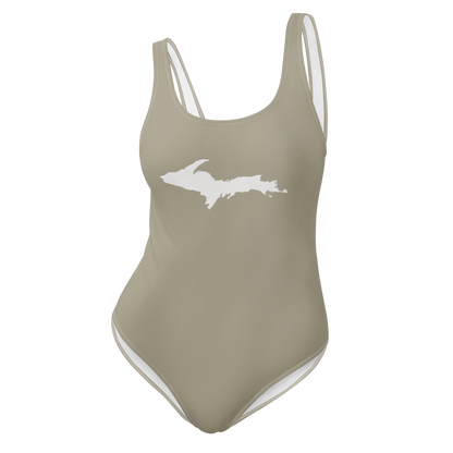 Michigan Upper Peninsula One-Piece Swimsuit (w/ UP Outline) | Petoskey Stone Beige