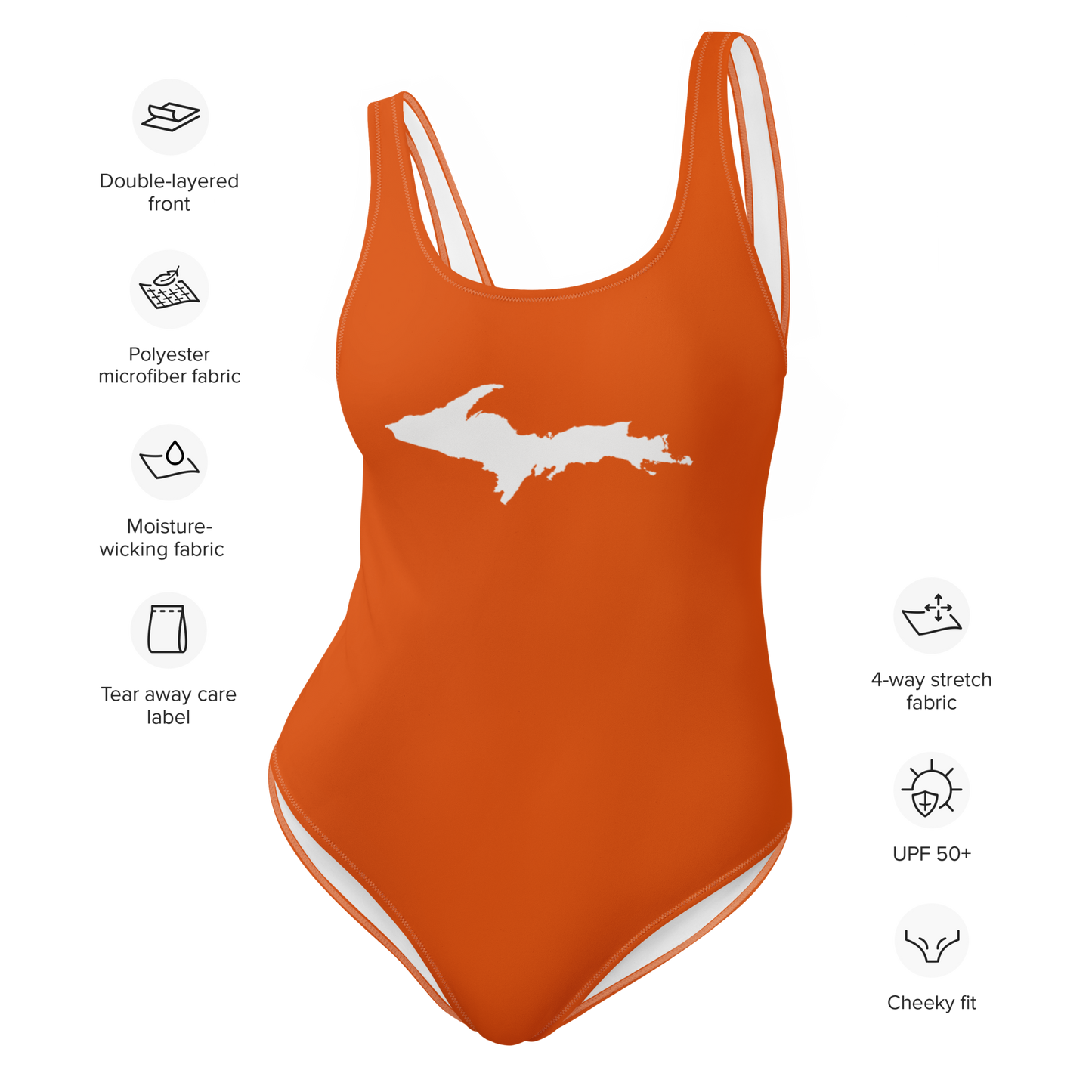 Michigan Upper Peninsula One-Piece Swimsuit (w/ UP Outline) | Maple Leaf Orange