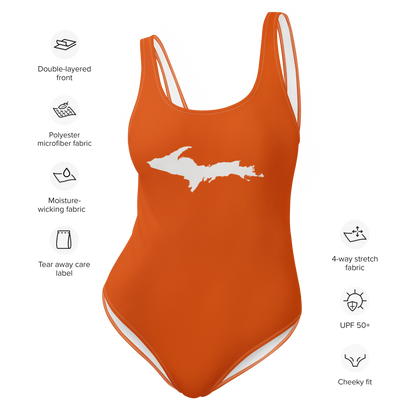 Michigan Upper Peninsula One-Piece Swimsuit (w/ UP Outline) | Maple Leaf Orange