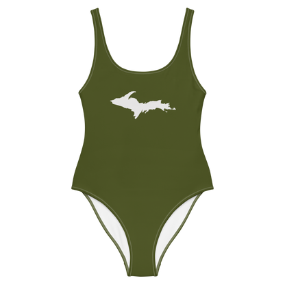 Michigan Upper Peninsula One-Piece Swimsuit (w/ UP Outline) | Army Green