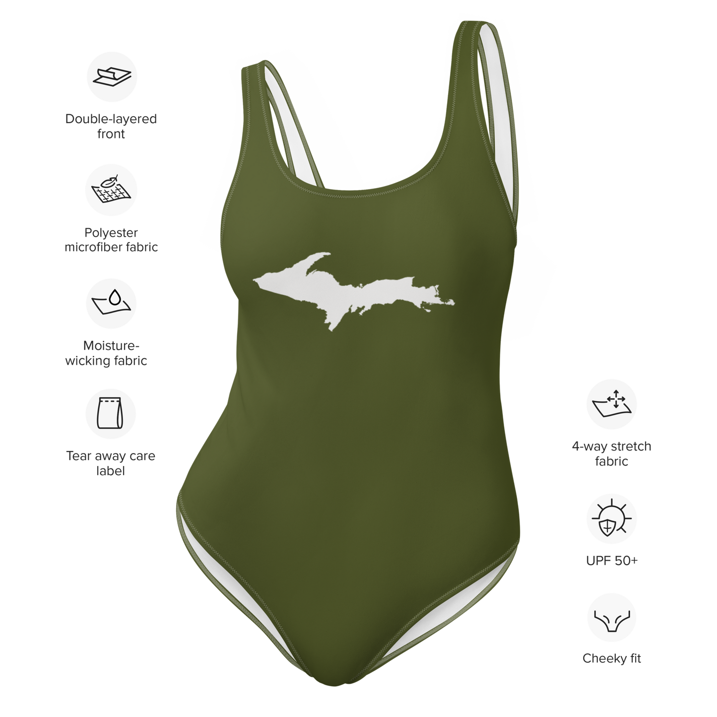 Michigan Upper Peninsula One-Piece Swimsuit (w/ UP Outline) | Army Green