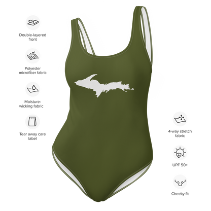 Michigan Upper Peninsula One-Piece Swimsuit (w/ UP Outline) | Army Green