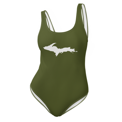 Michigan Upper Peninsula One-Piece Swimsuit (w/ UP Outline) | Army Green