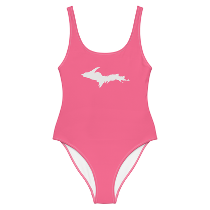 Michigan Upper Peninsula One-Piece Swimsuit (w/ UP Outline) | Rhodochrosite Pink